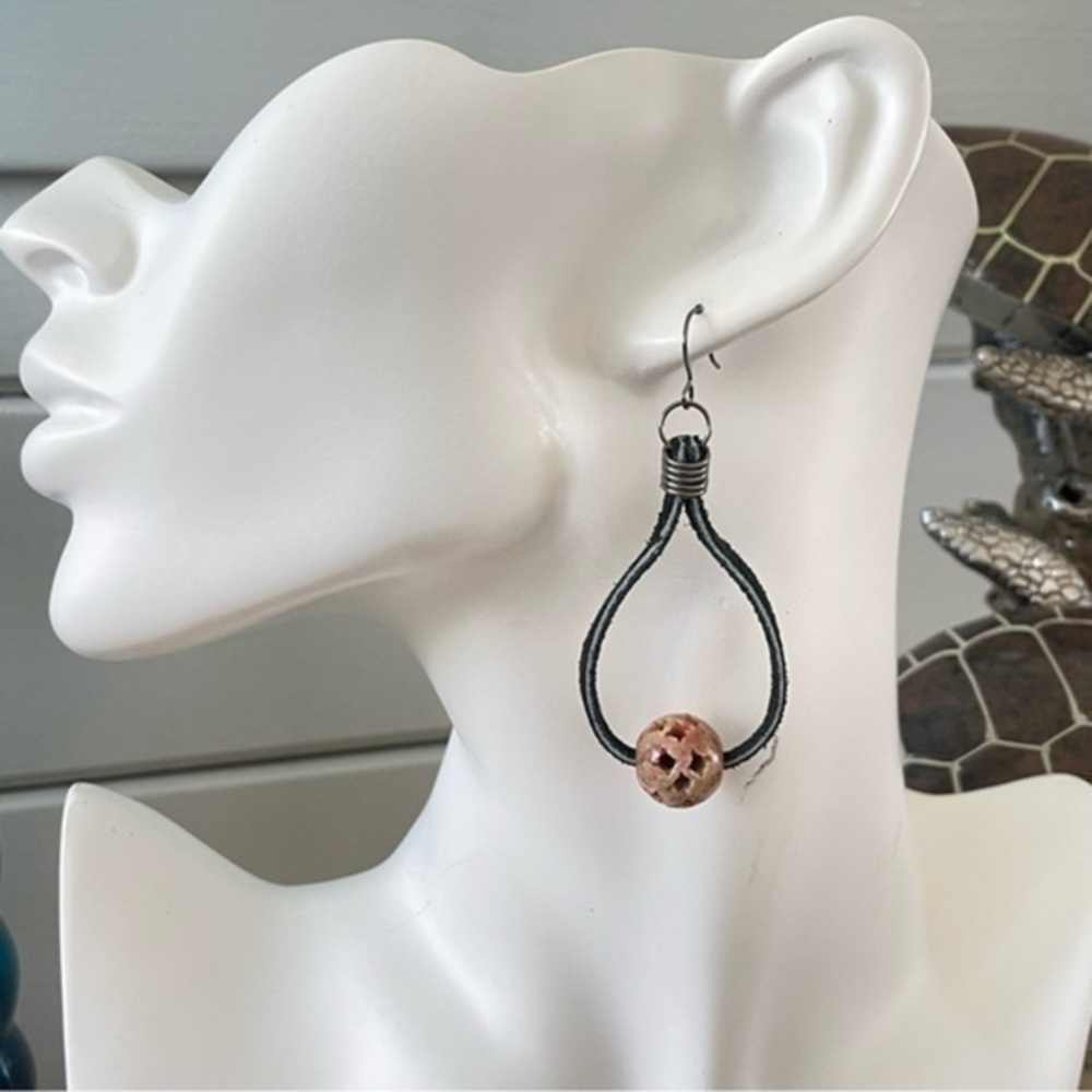 2/$29 Handmade Teardrop Hoop Earrings Leather Soapstone Black Tan Western